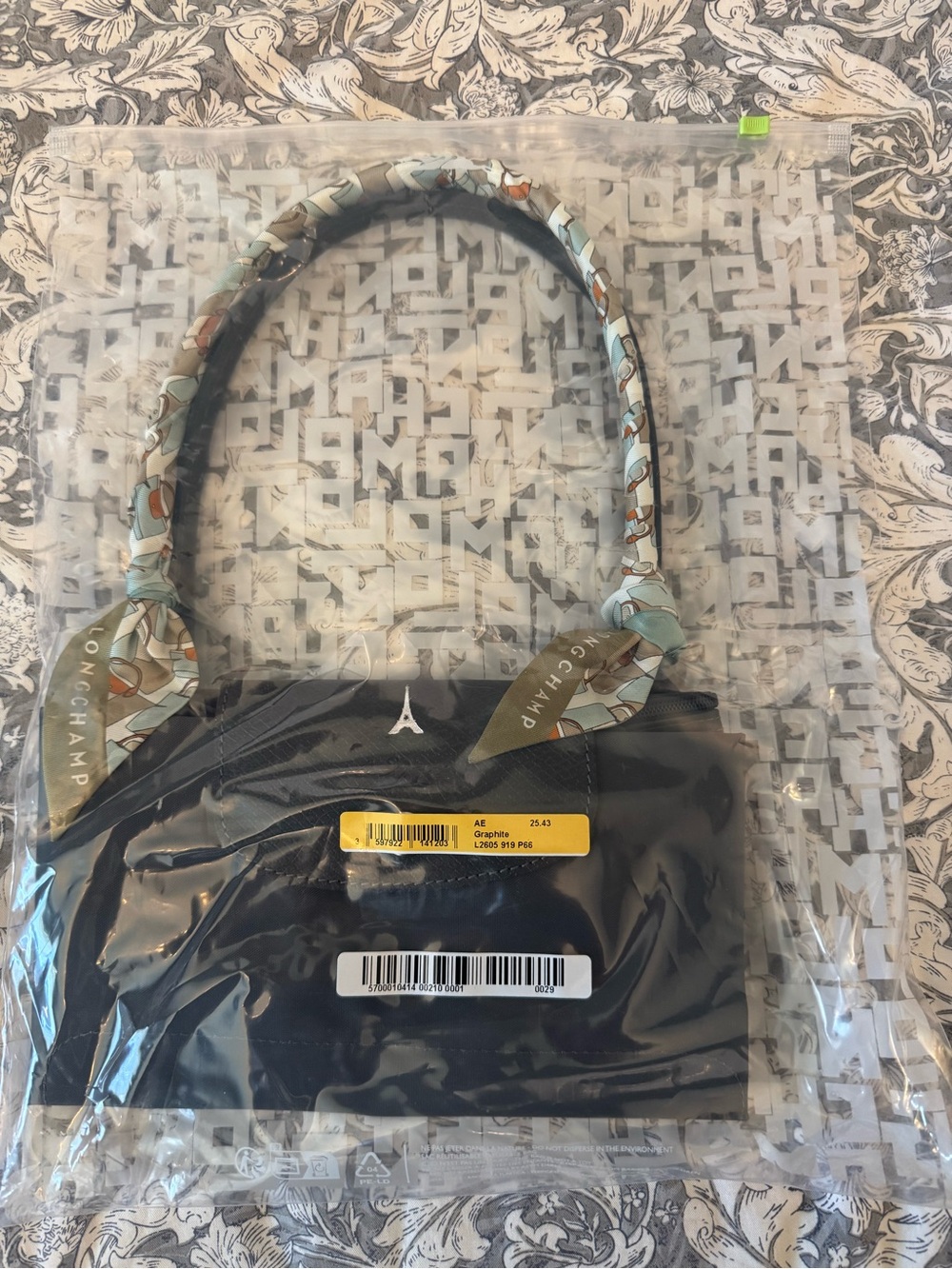 Longchamp Black Shoulder Bag with Patterned Twill Handle